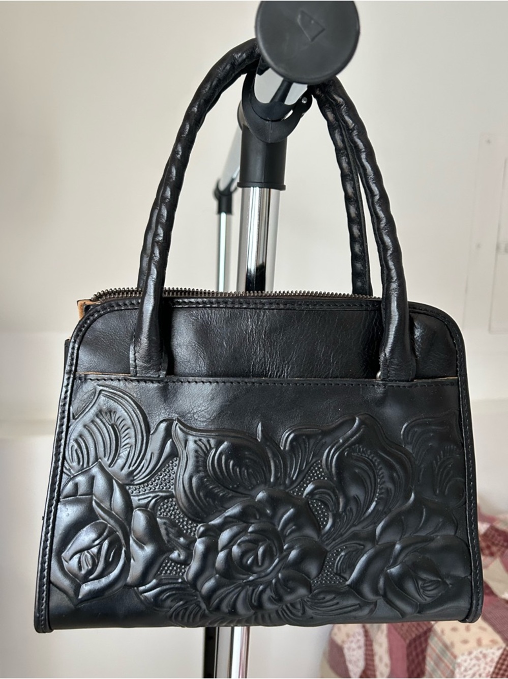 Patricia Nash Black Tooled Leather Floral Embossed Mini Satchel Bag